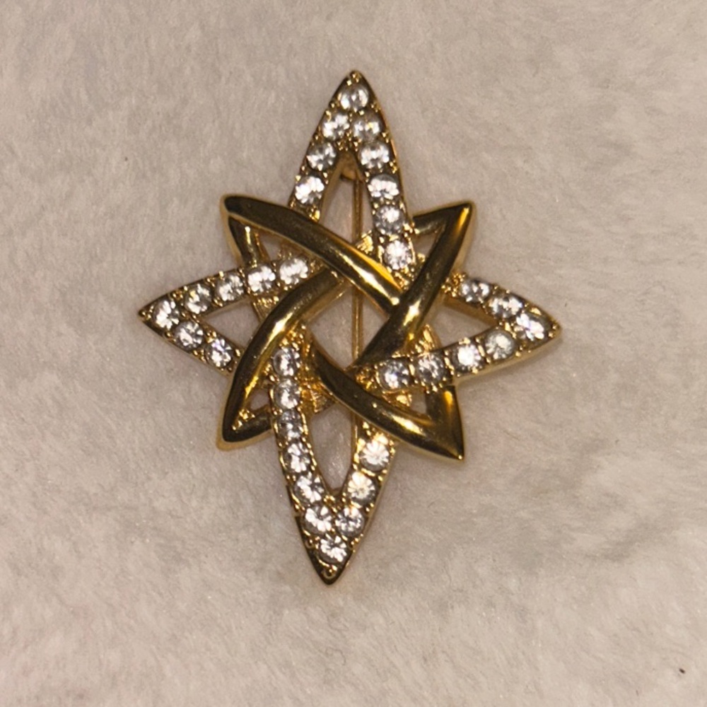 Vintage Monet Gold Brooch with‎ Rhinestone Accents